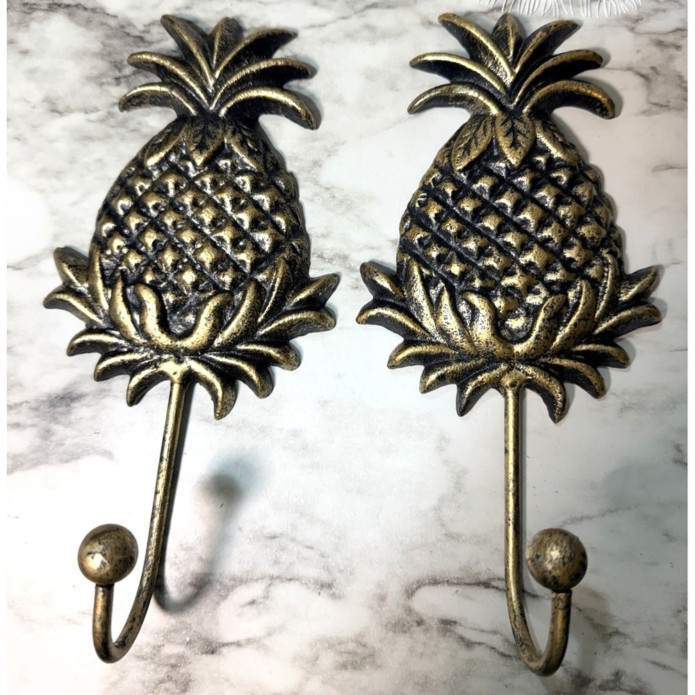 2~Cast Iron Pineapple Wall Hanging Hook, Coat, Hat, Towel Hanger Gold 8" (2981)